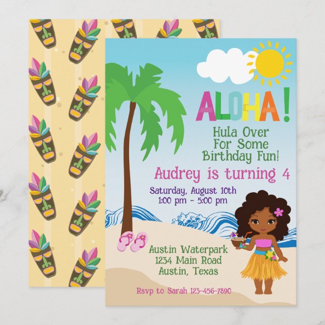 Invitation d'anniversaire Tropical Beach Aloha Lua (Devant / Derrière)