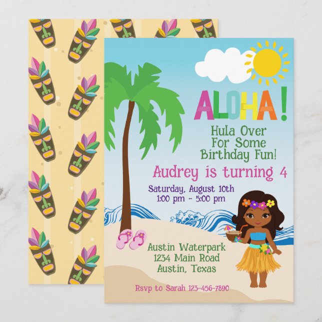 Invitation d'anniversaire Tropical Beach Aloha Lua (Devant / Derrière)