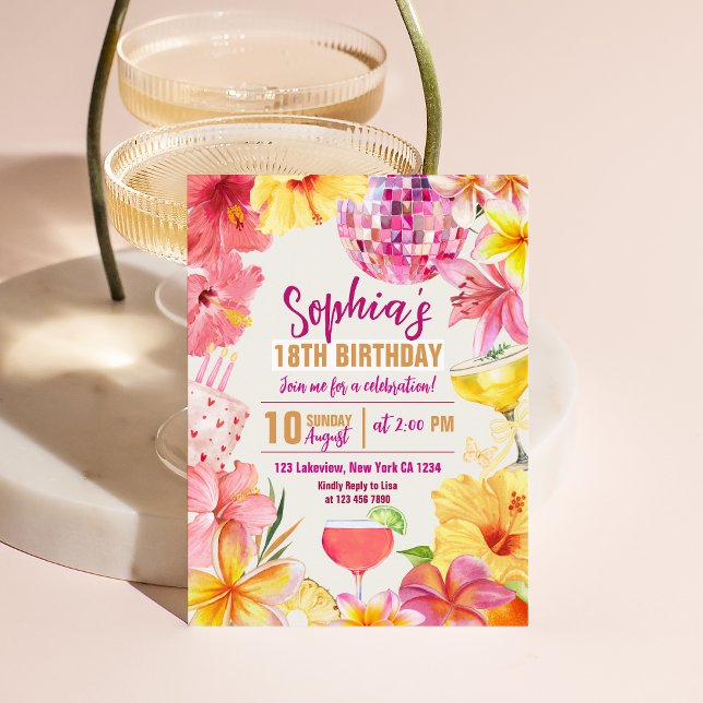Invitation d'anniversaire Tropical Disco Floral Hi (Tropical Disco Floral Hibiscus Birthday Invitation)