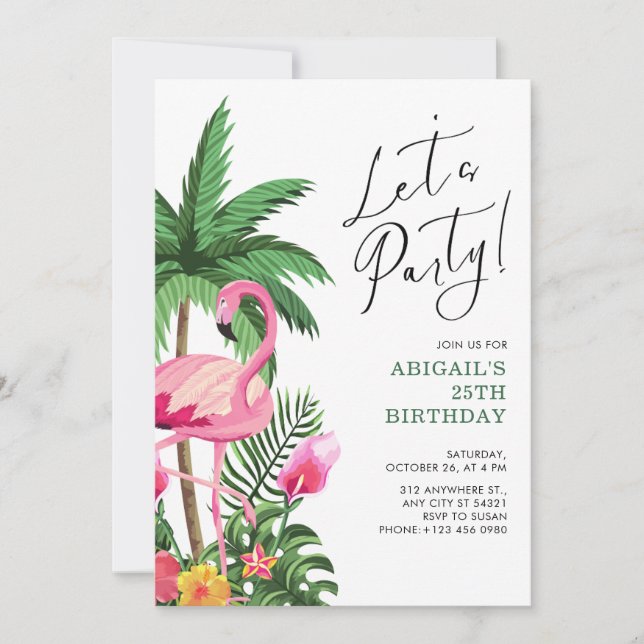 Invitation d'anniversaire tropical hawaïen rose po (Devant)