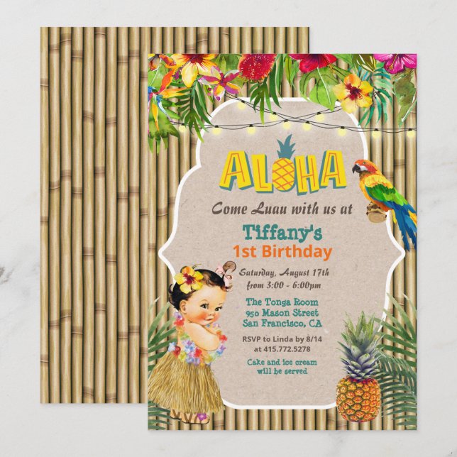 Invitation d'anniversaire tropical Luau Aloha - To (Devant / Derrière)