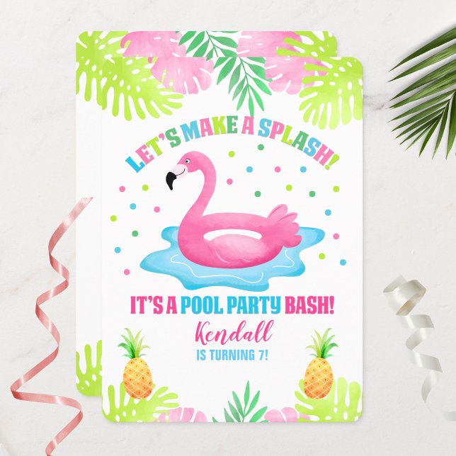 Invitation d'anniversaire tropicale Fête au bord d (Flamingo Pool Party Birthday Invitation)