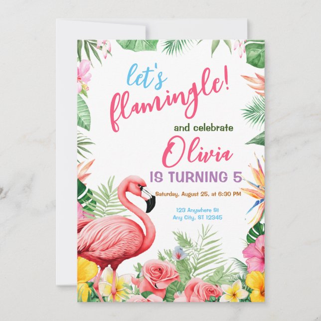Invitation d'anniversaire tropicale flamant rose  (Devant)