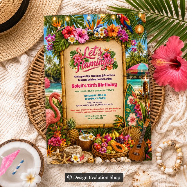 Invitation d'anniversaire tropicale Luau Flamingle (Créateur téléchargé)