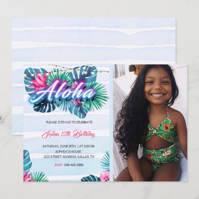 Invitation d'anniversaire tropicale Neon Aloha (Devant / Derrière)