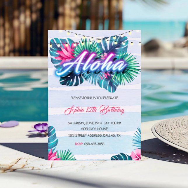 Invitation d'anniversaire tropicale Neon Aloha (Créateur téléchargé)