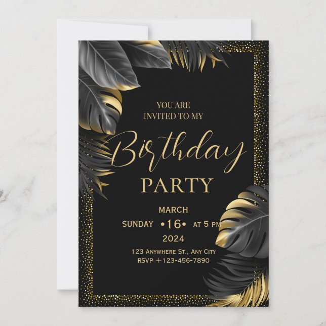 Invitation d'anniversaire tropicale Or Noir (Devant)