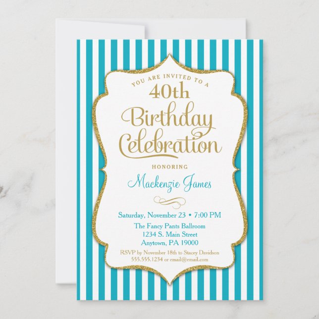 Invitation d'anniversaire Turquoise Aqua Gold Ado  (Devant)