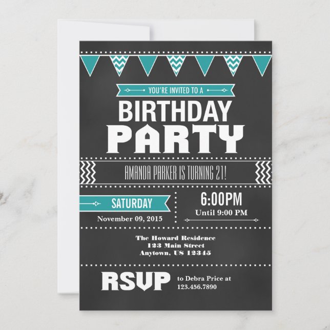 Invitation d'anniversaire Turquoise Chevron Chalkb (Devant)