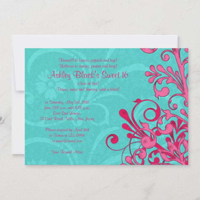 Invitation d'anniversaire Turquoise et Rose Floral (Devant)