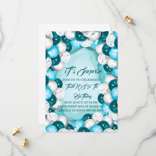 Invitation d'anniversaire turquoise surprise, anni (Devant/Arrière en situation)
