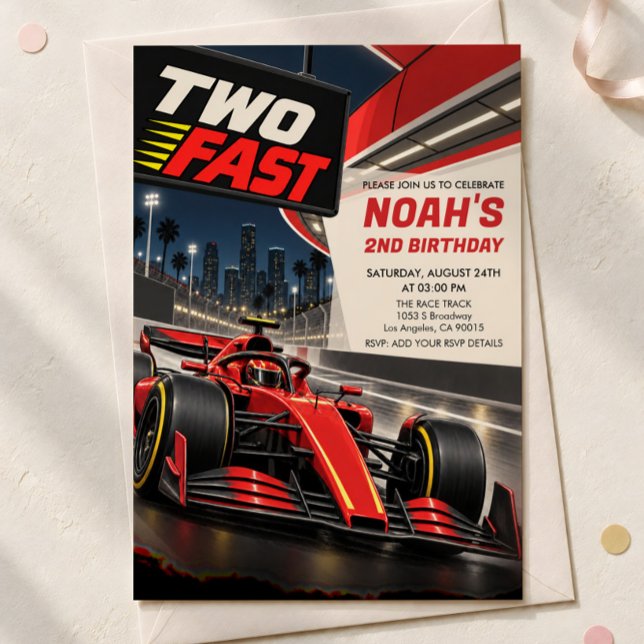 Invitation d'anniversaire Two Fast pour 2 ans (Two Fast red race car birthday invitation with an envelope.)
