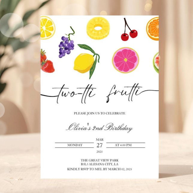 Invitation d'anniversaire Twotti Frutti 2ème anniv (Minimalist 2nd Birthday Invite TWOtti Frutti Second Birthday Invitation Two Twotti fruity Tropical S)