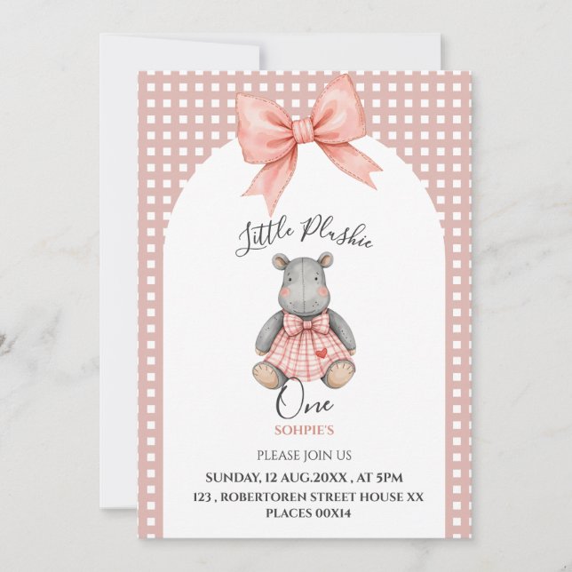 Invitation d'anniversaire un an peluche rose (Devant)