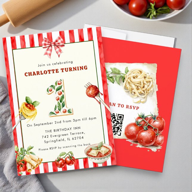 Invitation d'anniversaire un an Spaghetti rayure r (Créateur téléchargé)