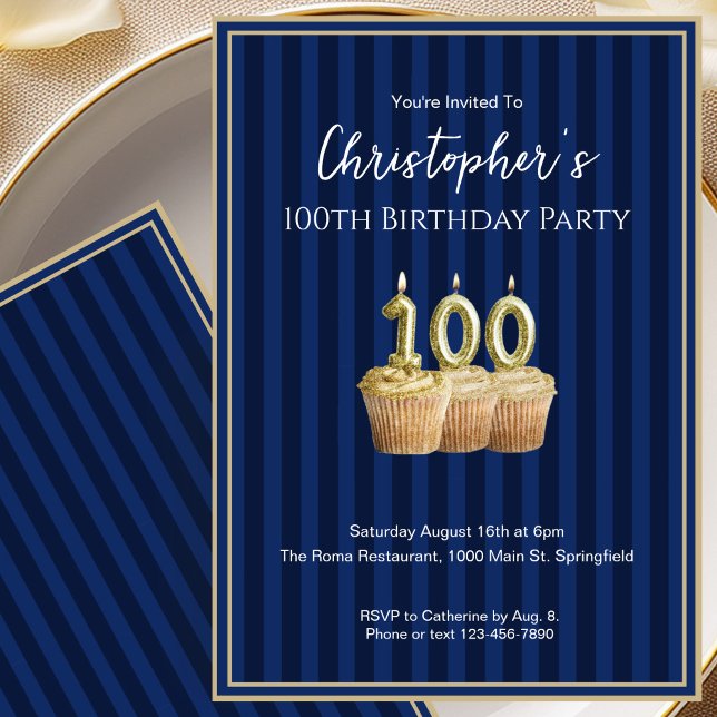 Invitation d'anniversaire Unique Bleu Or 100 ans p (Créateur téléchargé)
