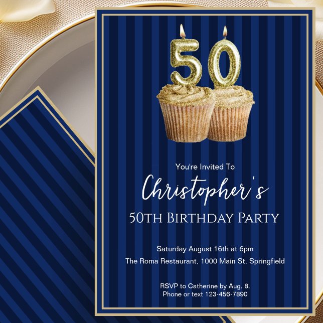 Invitation d'anniversaire unique Bleu Or 50 ans po (Créateur téléchargé)