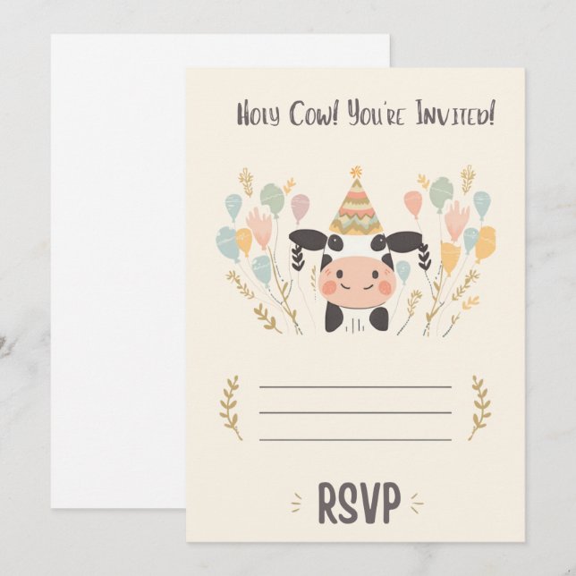 Invitation d'anniversaire Vache sacrée avec RSVP | (Devant / Derrière)