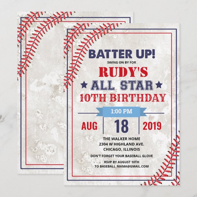 Invitation d'anniversaire vintage baseball - TOUS  (Devant / Derrière)