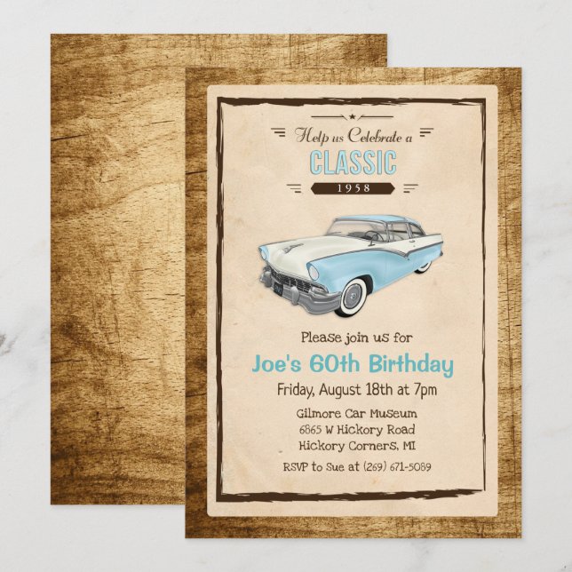 Invitation d'anniversaire vintage de voiture class (Devant / Derrière)