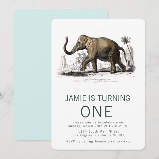Invitation d'anniversaire vintage des éléphants (Devant / Derrière)