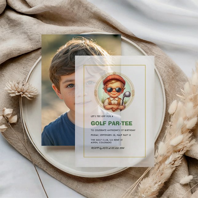 Invitation d'anniversaire Vintage Golf Par-Tee pou (Vintage Golf Par-Tee 1st Birthday Boy Vellum Invitations)