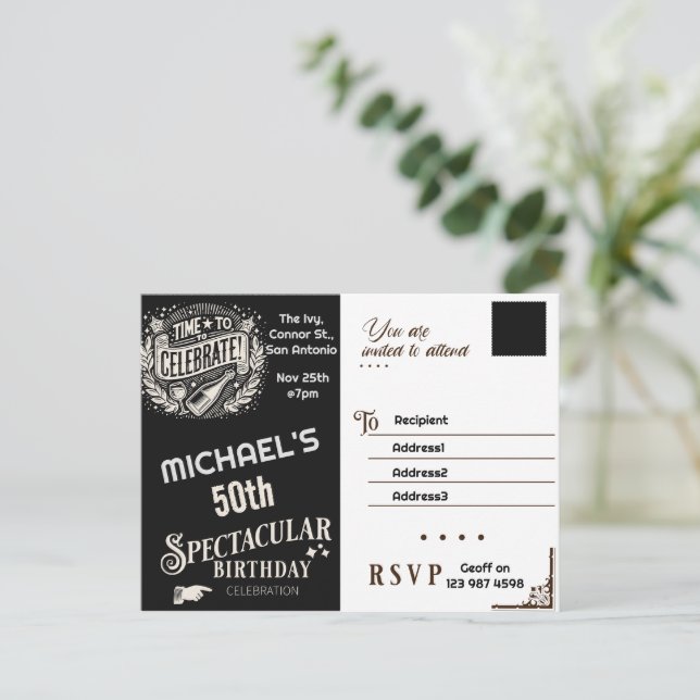 Invitation d'anniversaire vintage noir et blanc (Debout devant)