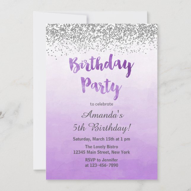 Invitation d'anniversaire violet et argent (Devant)