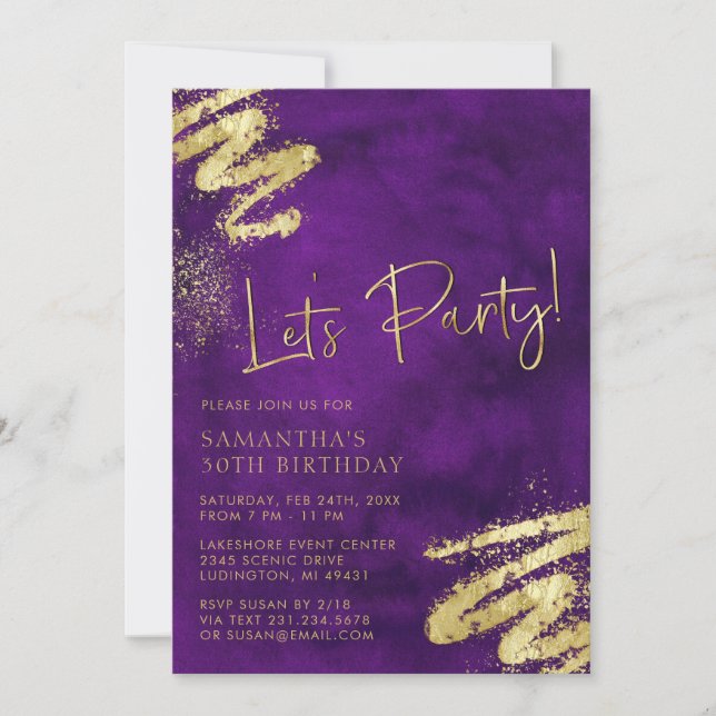 Invitation d'anniversaire violet et or (Devant)