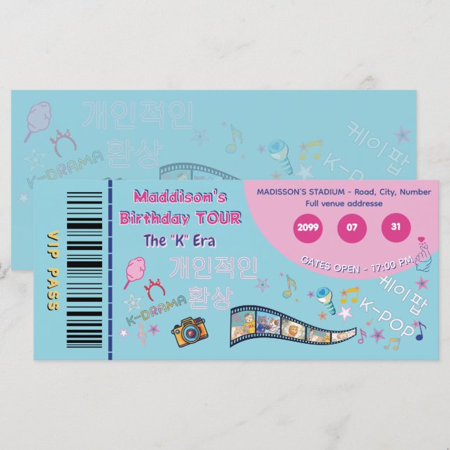 Invitation d'anniversaire vip billet Kdrama K-pop  (Devant / Derrière)