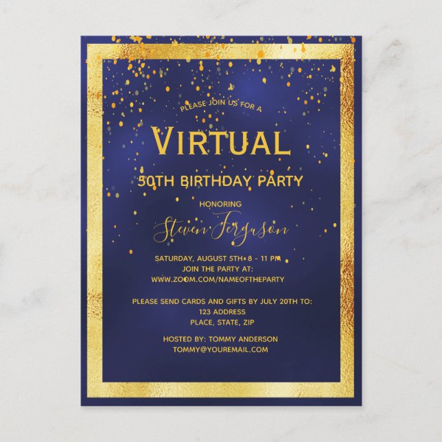 Invitation d'anniversaire virtuel bleu or (Devant)