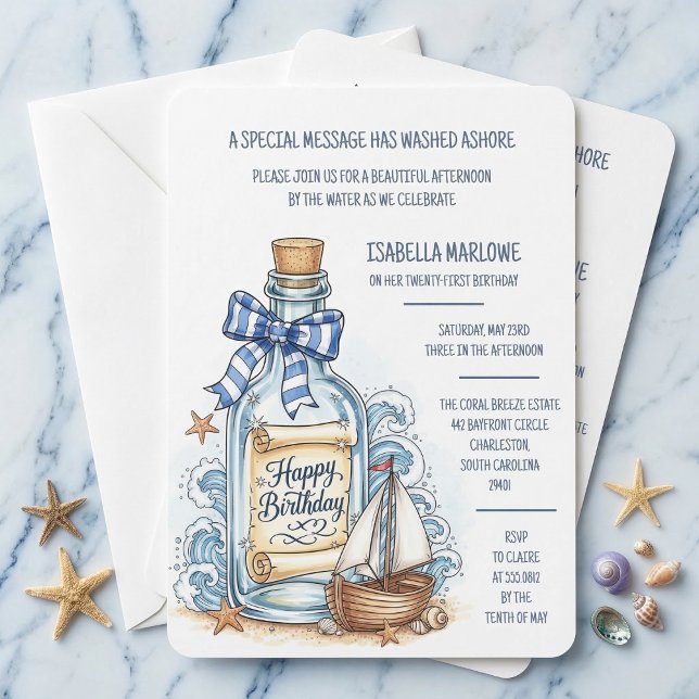 Invitation d'anniversaire voilier Message dans une (Your coastal party starts here.)