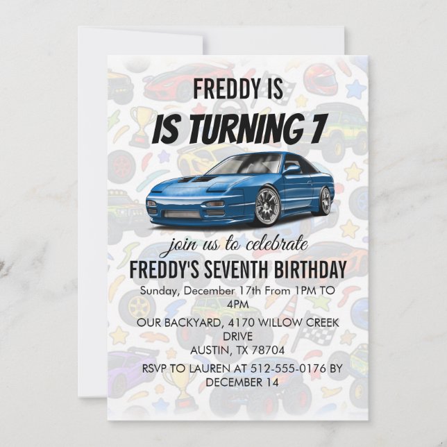 invitation d'anniversaire voiture jdm 240sx bleue  (Devant)