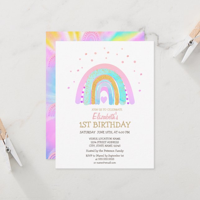 Invitation d'anniversaire Watercolor Cool Rainbow  (Devant/Arrière en situation)