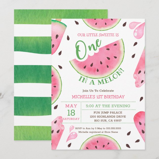 Invitation d'anniversaire Watermelon One In A Melo (Devant / Derrière)