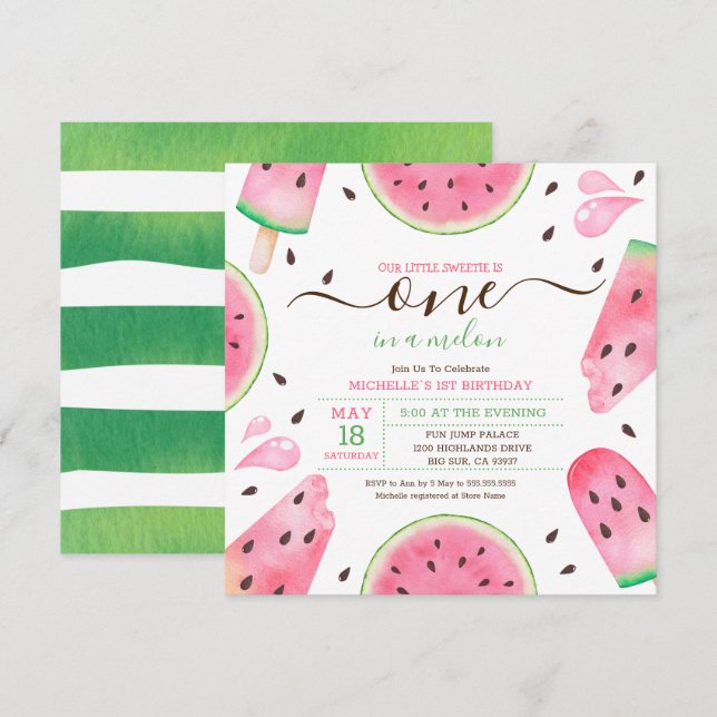 Invitation d'anniversaire Watermelon One In A Melo (Devant / Derrière)
