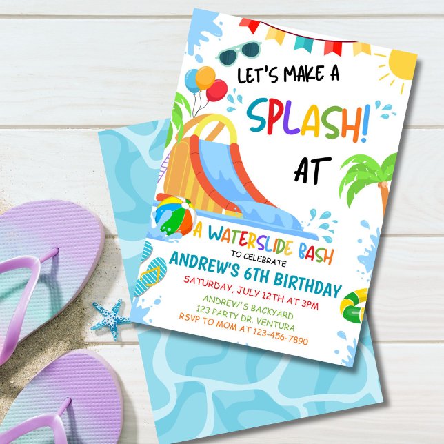 Invitation d'anniversaire Waterslide Bash, Fête de (Colorful waterslide birthday invitation with tropical summer pool party vibes for kids.)