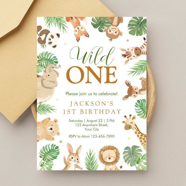 Invitation d'anniversaire Wild One (Wild one birthday invitation with safari animals and tropical greenery for boys)