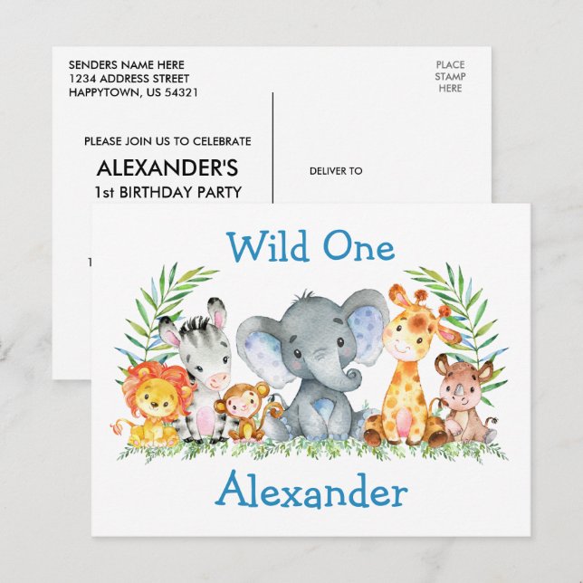 Invitation d'anniversaire Wild One Safari Animals  (Devant / Derrière)