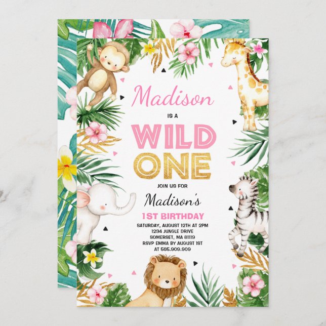 Invitation d'anniversaire Wild One Safari Animaux  (Devant / Derrière)