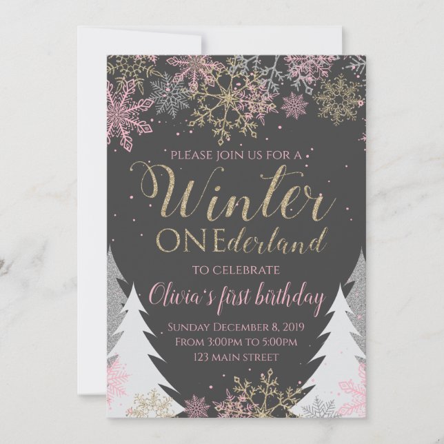 Invitation d'anniversaire Winter ONEderland Rose (Devant)