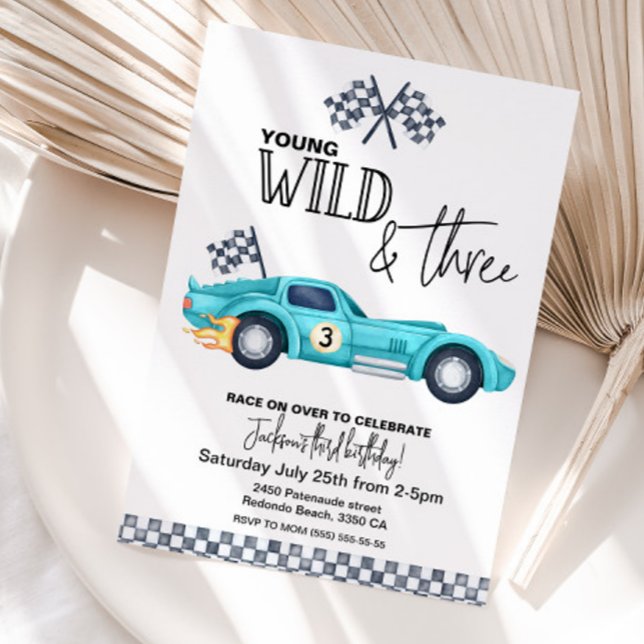 Invitation d'anniversaire YOUNG Wild and THREE (Young wild and three race car birthday invitation)