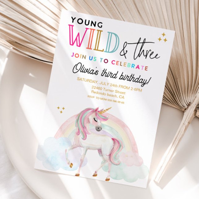 Invitation d'anniversaire Young Wild & Three Licor (Young Wild and three rainbow unicorn 3rd birthday invitation)