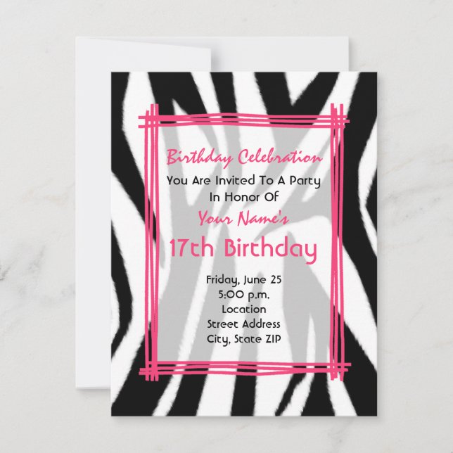 Invitation D'Anniversaire Zebra Print Et Hot Pink (Devant)