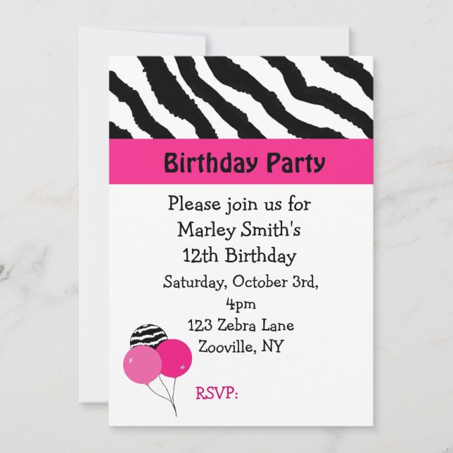 Invitation d'anniversaire Zèbre Noir et Rose (Devant)