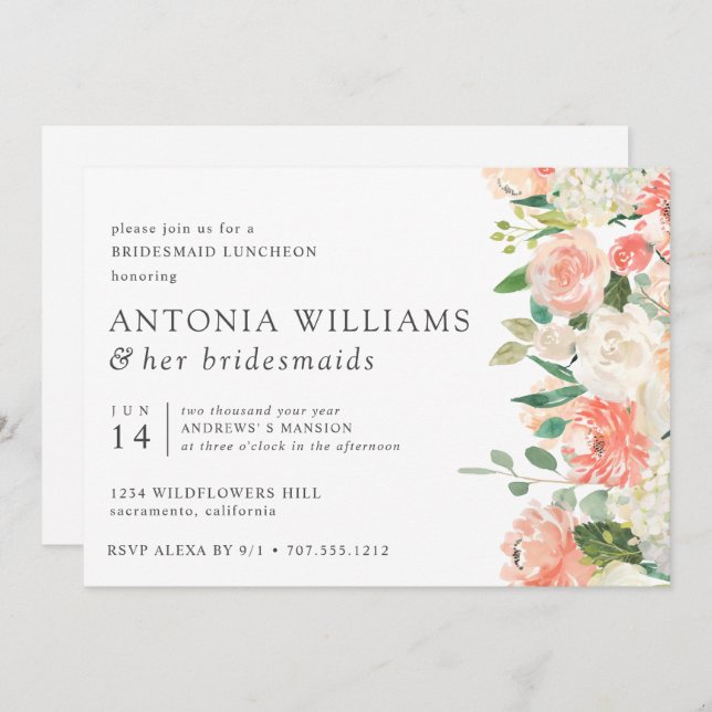 Invitation Dans Fleur Floral Peach Pink Bridesmaid Déjeuner I (Devant / Derrière)