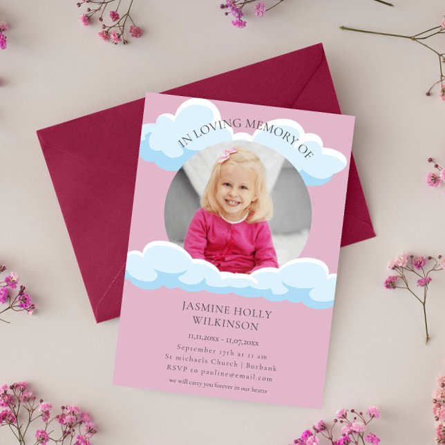 Invitation dans la mémoire amoureuse nuages rose enfant funér (Créateur téléchargé)