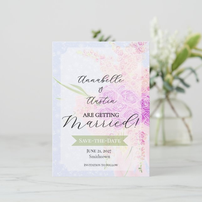 Invitation Dans le bleu - Bouquet à ruban rose transparent do (Debout devant)