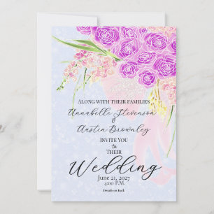 Invitation Dans le Bleu - Bouquet à ruban transparent rose do