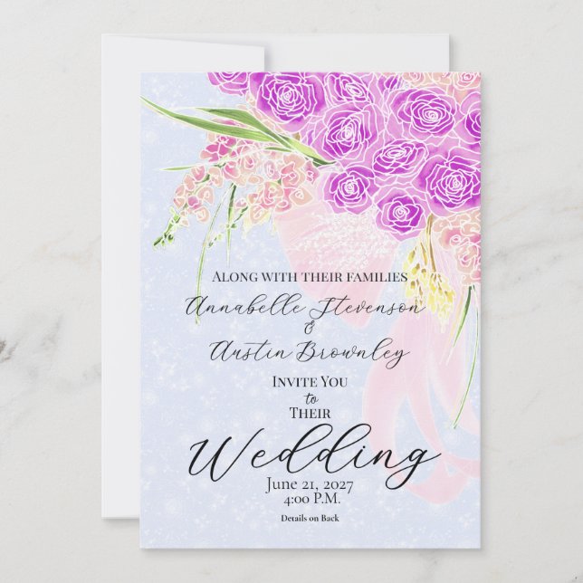 Invitation Dans le Bleu - Bouquet à ruban transparent rose do (Devant)